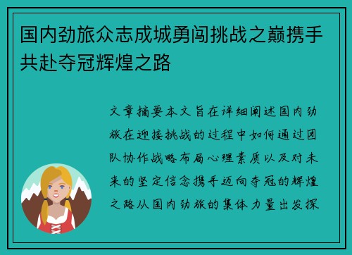 国内劲旅众志成城勇闯挑战之巅携手共赴夺冠辉煌之路