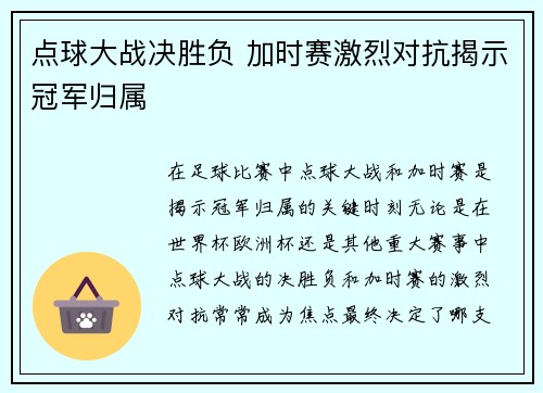 点球大战决胜负 加时赛激烈对抗揭示冠军归属