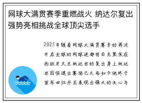 网球大满贯赛季重燃战火 纳达尔复出强势亮相挑战全球顶尖选手