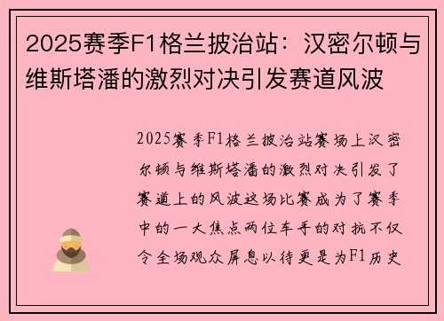 2025赛季F1格兰披治站：汉密尔顿与维斯塔潘的激烈对决引发赛道风波
