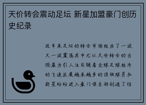 天价转会震动足坛 新星加盟豪门创历史纪录