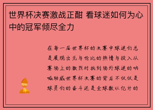 世界杯决赛激战正酣 看球迷如何为心中的冠军倾尽全力