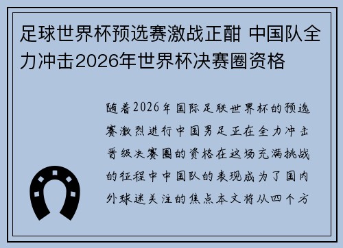 足球世界杯预选赛激战正酣 中国队全力冲击2026年世界杯决赛圈资格