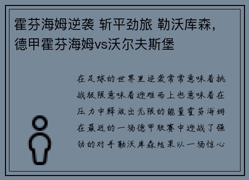 霍芬海姆逆袭 斩平劲旅 勒沃库森，德甲霍芬海姆vs沃尔夫斯堡