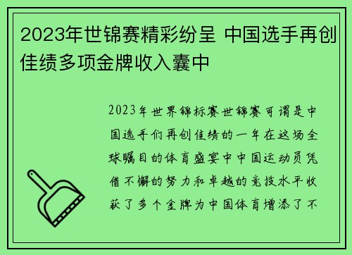 2023年世锦赛精彩纷呈 中国选手再创佳绩多项金牌收入囊中