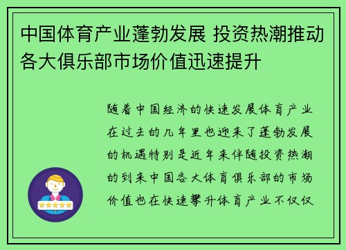 中国体育产业蓬勃发展 投资热潮推动各大俱乐部市场价值迅速提升